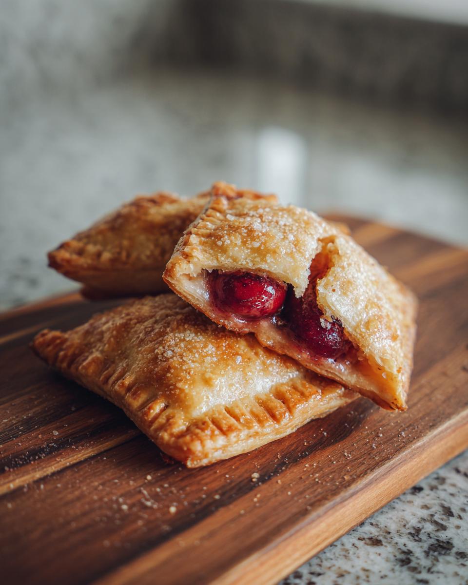 Close-up of golden brown cherry cheesecake hand pies, one split open to reveal whole cherries and creamy filling.