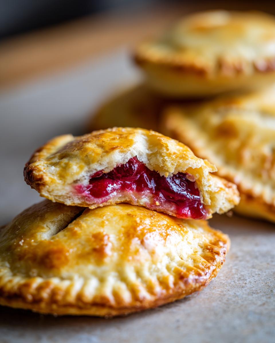 Close-up of two cherry cheesecake hand pies stacked, one cut open to reveal a vibrant cherry filling.
