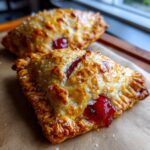 Close-up of two golden-brown cherry cheesecake hand pies, sprinkled with coarse sugar, showing a peek of cherry filling.