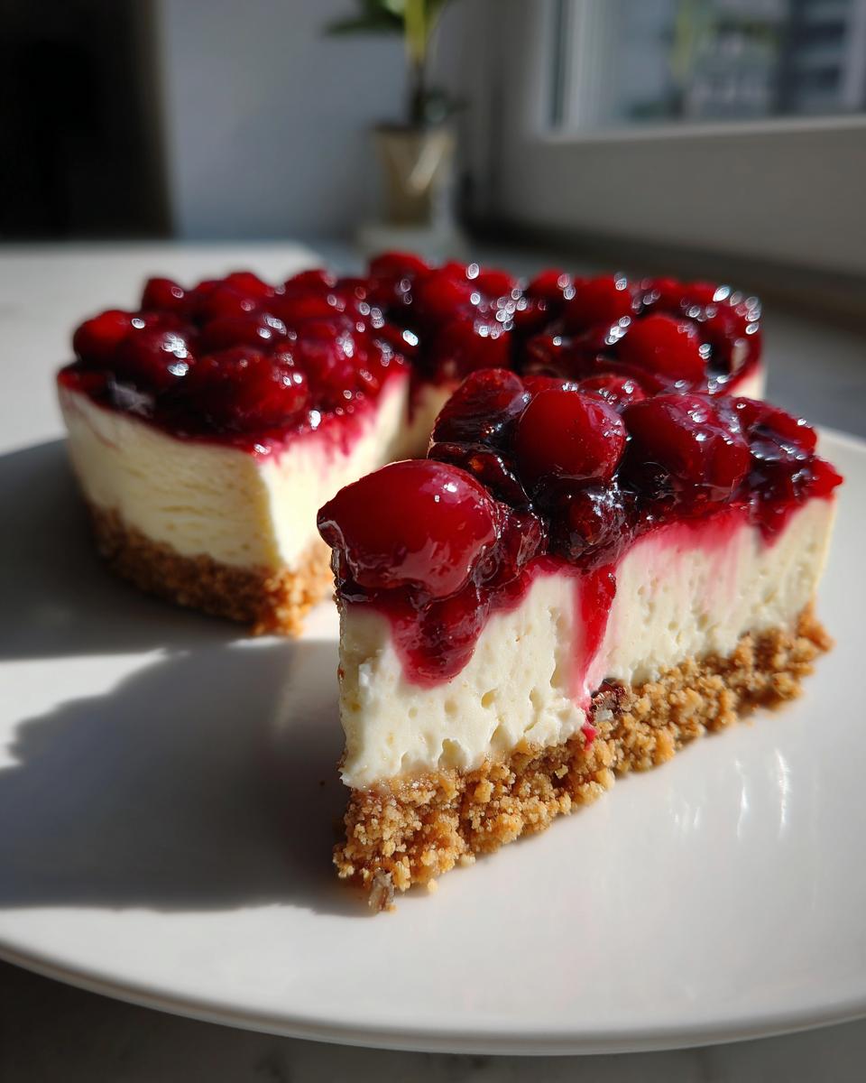 A slice of Cherry Pecan Cheesecake Lush with a graham cracker crust and topped with glistening cherries.