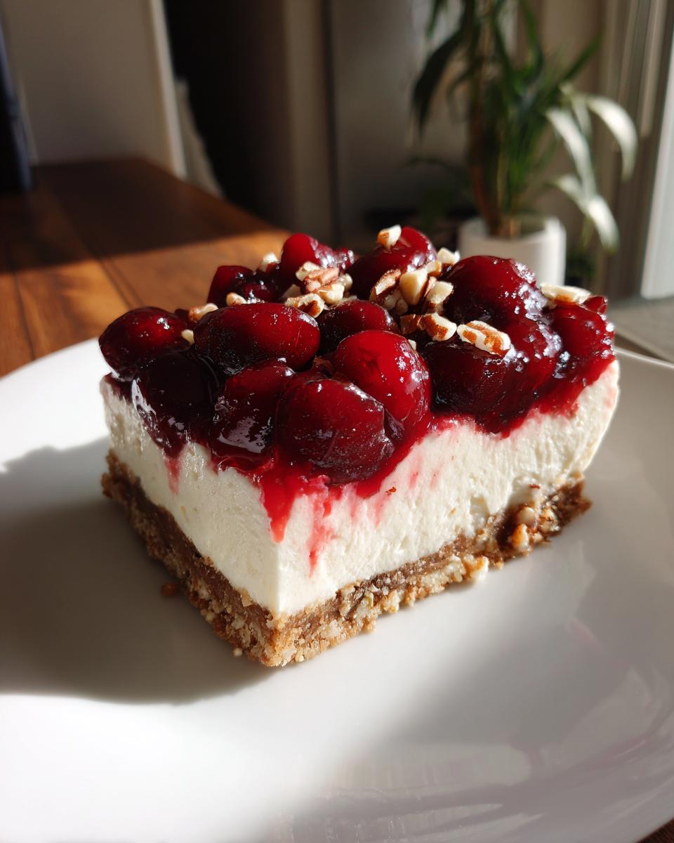 A slice of Cherry Pecan Cheesecake Lush on a white plate, topped with cherries and pecans.