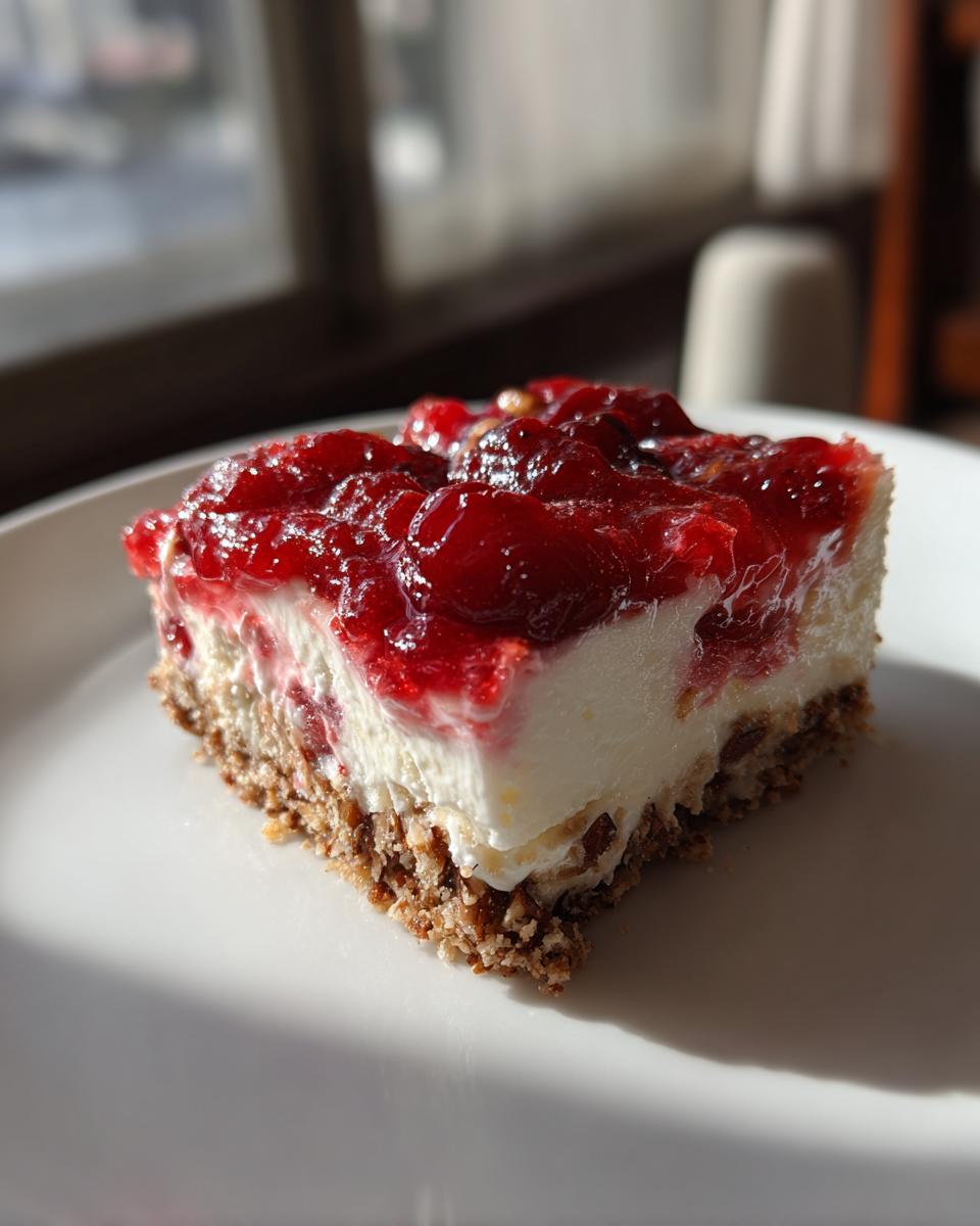 A slice of Cherry Pecan Cheesecake Lush on a white plate, showcasing the creamy filling, pecan crust, and cherry topping.