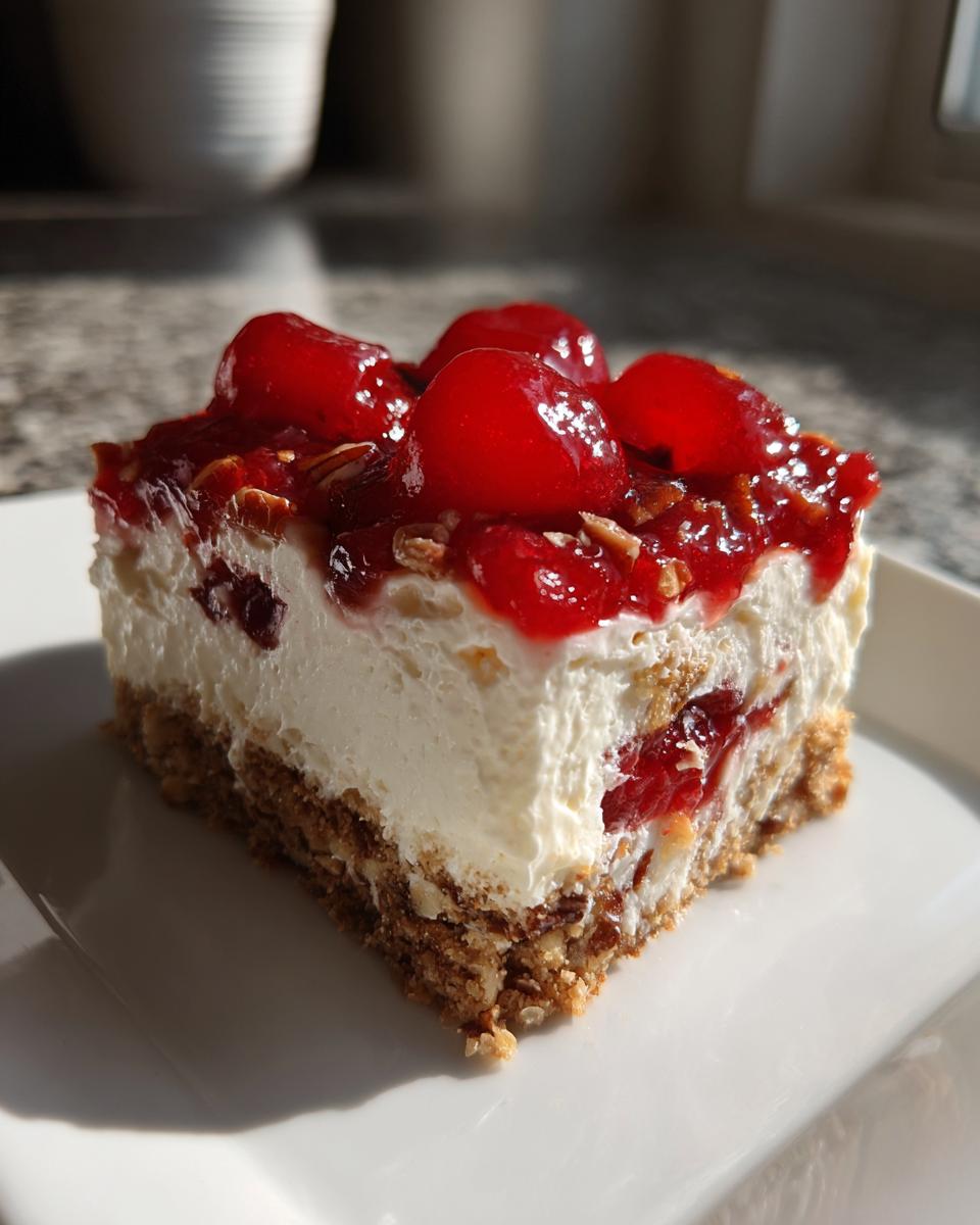 A slice of Cherry Pecan Cheesecake Lush dessert with a graham cracker crust, creamy filling, and cherry topping.