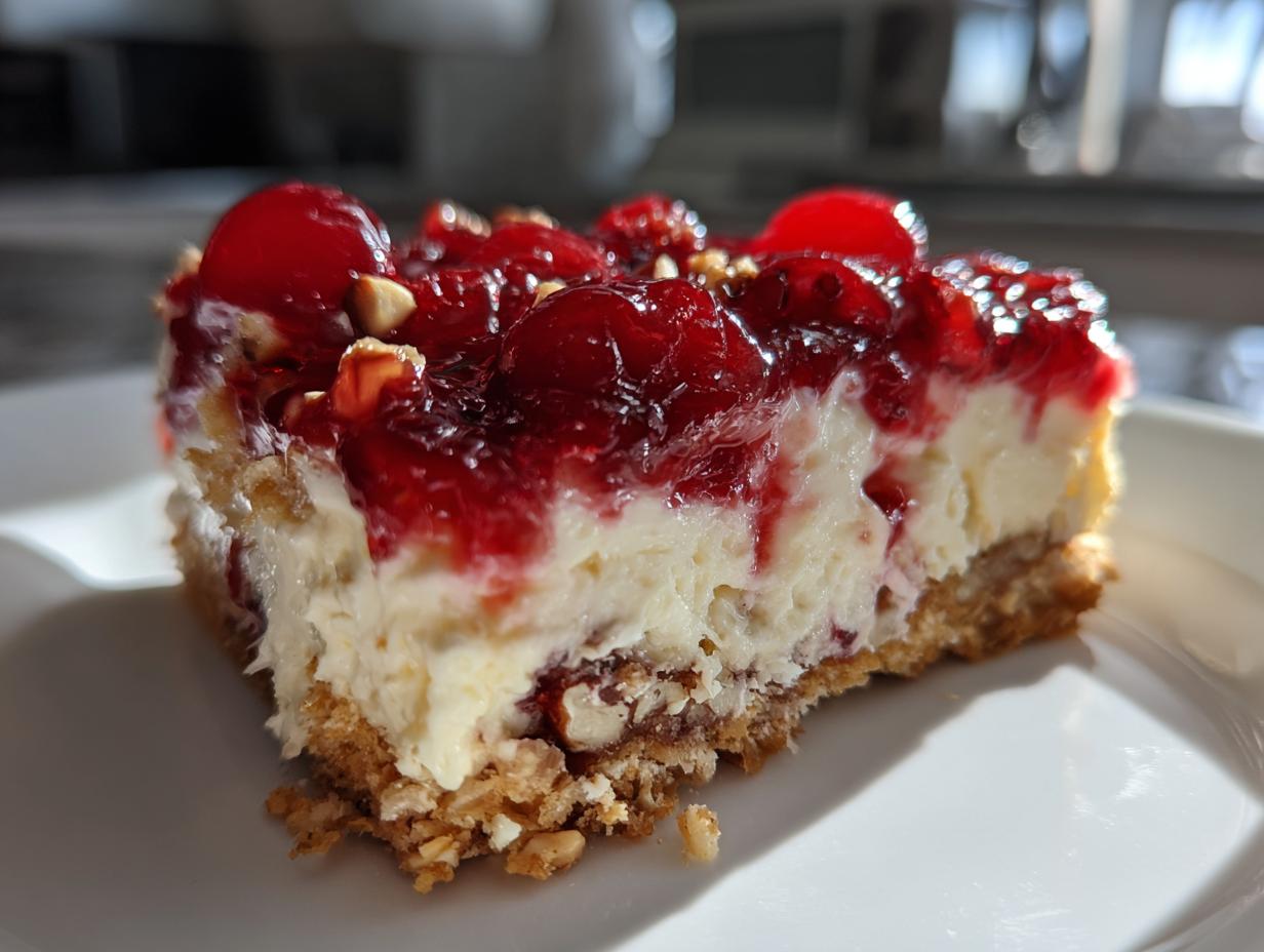 A close-up of a slice of Cherry Pecan Cheesecake Lush on a white plate, showing the creamy filling, cherry topping, and pecan crust.