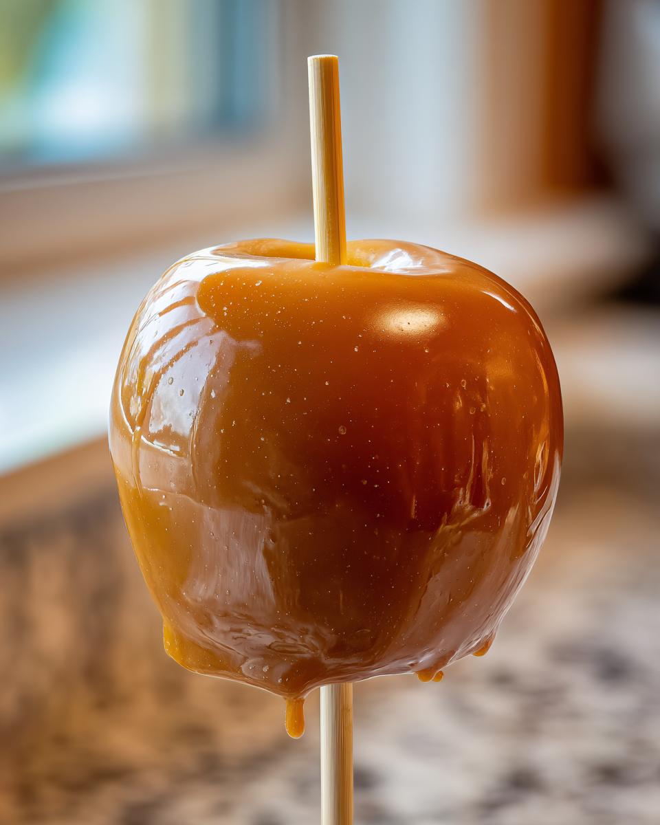 A glossy, perfectly coated caramel apple on a wooden stick, showing drips of chewy caramel.