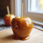 A glossy, perfectly coated caramel apple on a stick resting on a light wooden cutting board.
