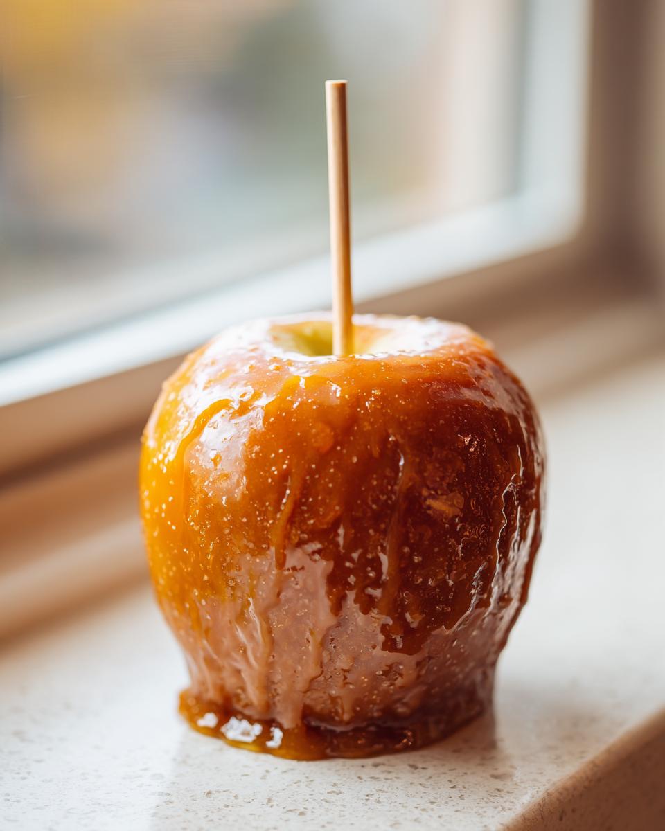 Close-up of a glossy, homemade caramel apple on a light counter with a stick inserted.