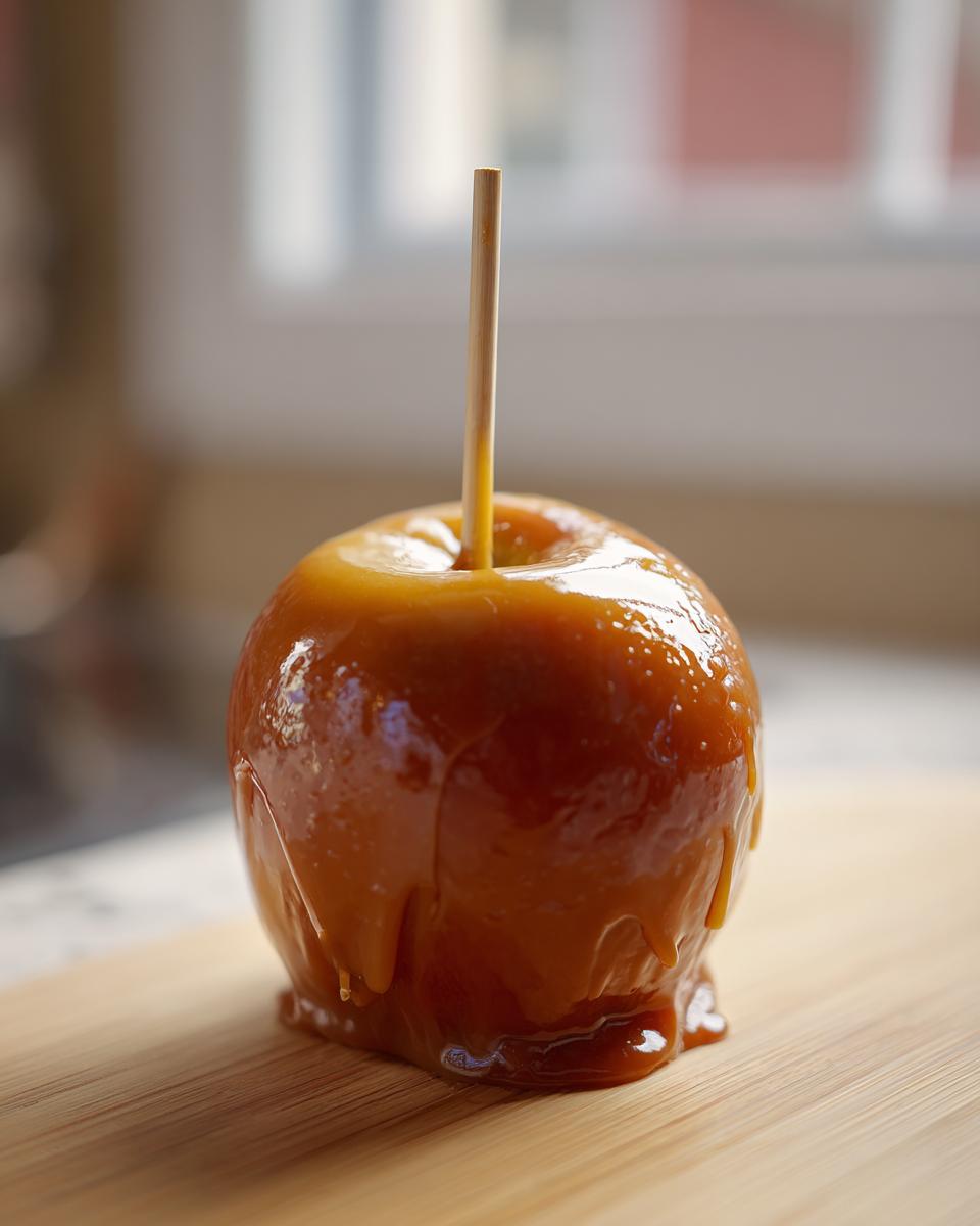 A single, glossy caramel apple coated in thick, dripping caramel, with a wooden stick inserted, resting on a wooden board.