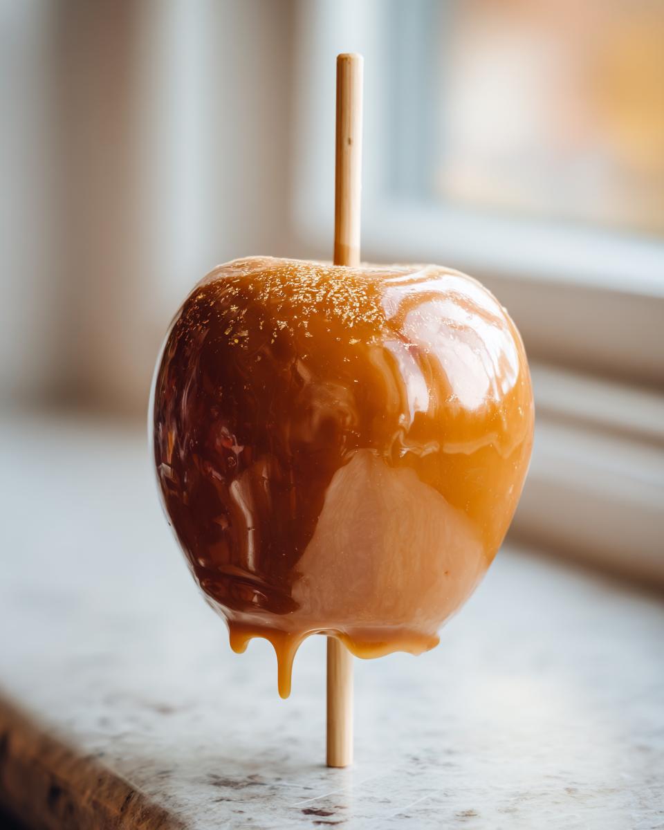 Close-up of a glossy, homemade caramel apple on a wooden stick, dripping slightly, ready to eat.