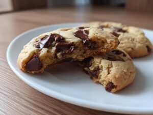 A close-up of a soft, chewy chocolate chip cookie broken in half, showing melted chocolate chunks on a white plate.