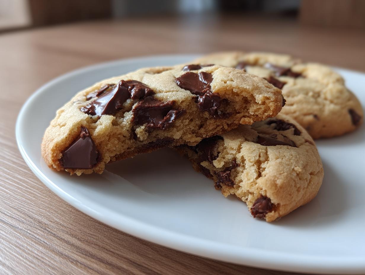 A close-up of a soft, chewy chocolate chip cookie broken in half, showing melted chocolate chunks on a white plate.