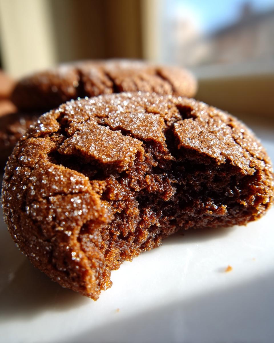 Close-up of a soft, dark brown ginger molasses cookie with a bite taken out, showing the chewy interior and sparkling sugar coating.
