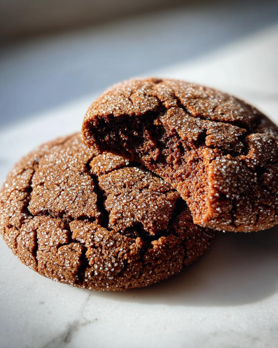Close-up of two rich, dark ginger molasses cookies, one broken open to show the chewy interior, coated in sparkling sugar.