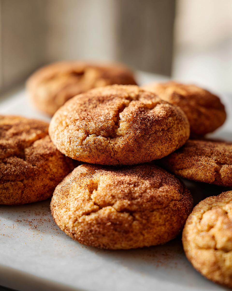 A close-up of a stack of chewy pumpkin blondies, generously coated in cinnamon sugar.