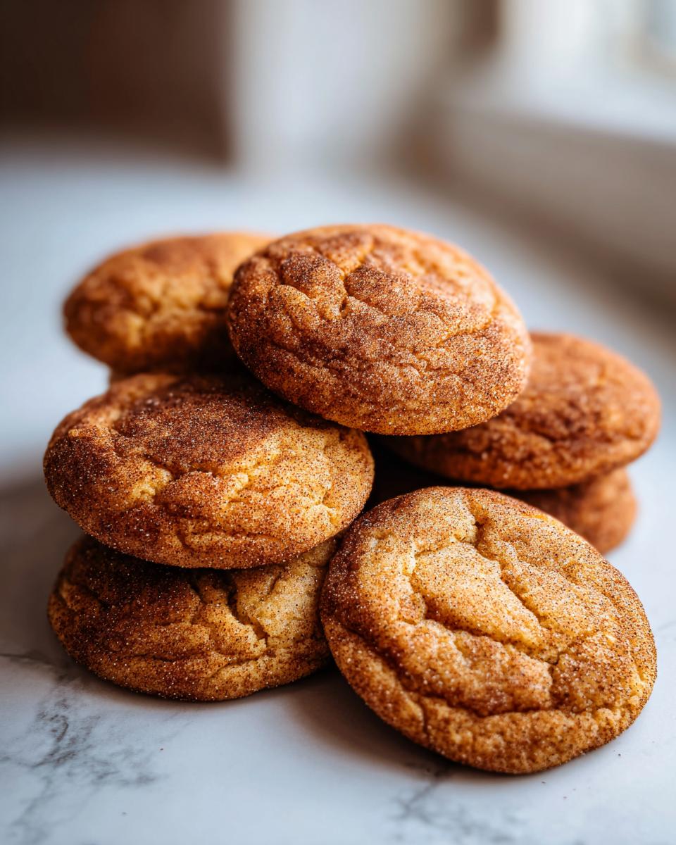 A stack of chewy pumpkin blondies, coated in cinnamon sugar, on a marble surface.