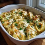 A close-up of baked chicken alfredo stuffed shells in a white baking dish, topped with melted cheese and parsley.