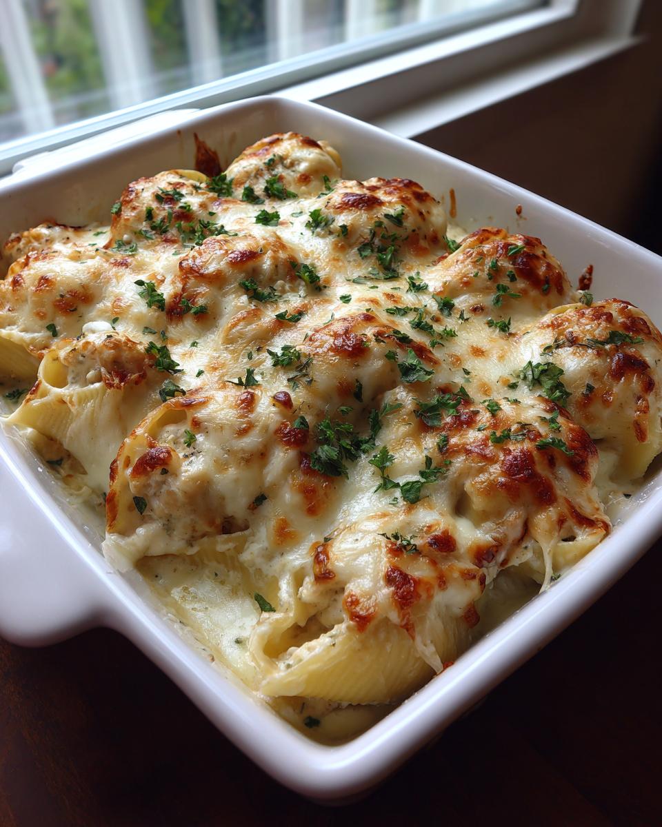 Close-up of baked chicken alfredo stuffed shells topped with melted cheese and parsley.