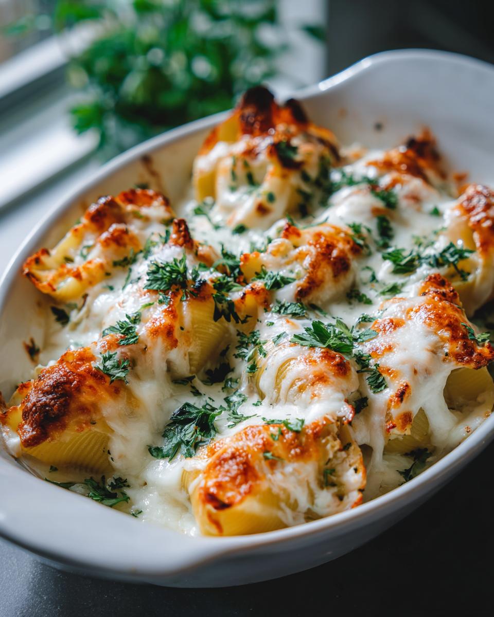 Close-up of baked chicken alfredo stuffed shells in a white dish, topped with melted cheese and parsley.