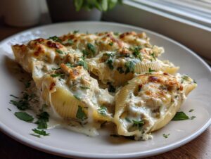 Close-up of baked chicken alfredo stuffed shells, generously topped with melted cheese and fresh parsley.