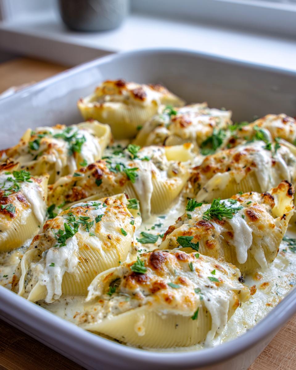A close-up of a baking dish filled with golden-brown chicken alfredo stuffed shells, topped with melted cheese and fresh parsley.