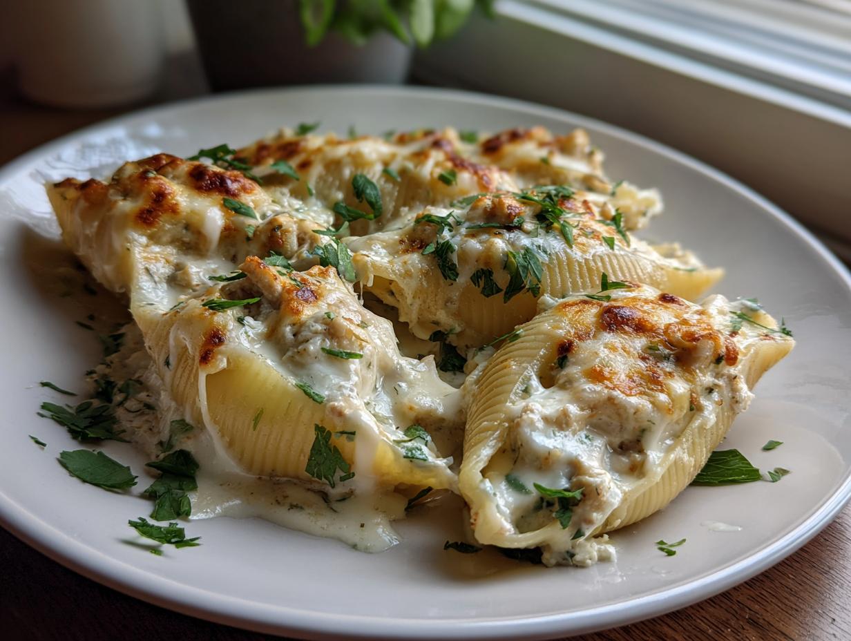 Close-up of baked chicken alfredo stuffed shells, generously topped with melted cheese and fresh parsley.