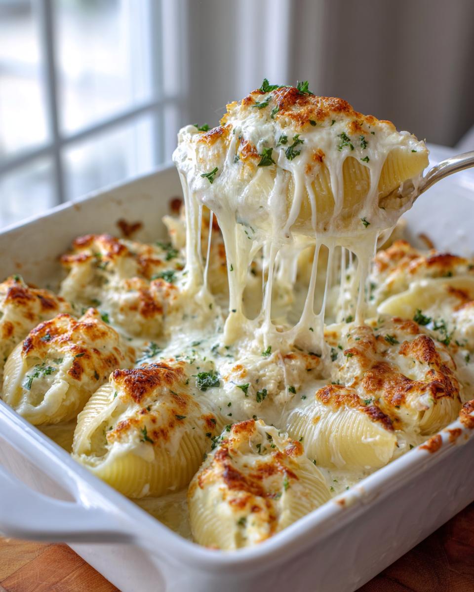 A serving spoon lifts a cheesy chicken alfredo stuffed shell from a baking dish, showing melted cheese strings.