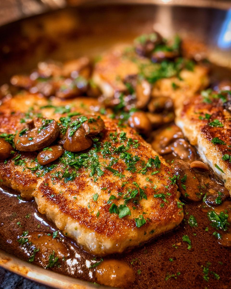 Close-up of golden-brown Chicken Marsala topped with sliced mushrooms and fresh parsley in a rich sauce.