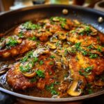 Close-up of golden Chicken Marsala in a skillet with sliced mushrooms and fresh parsley.