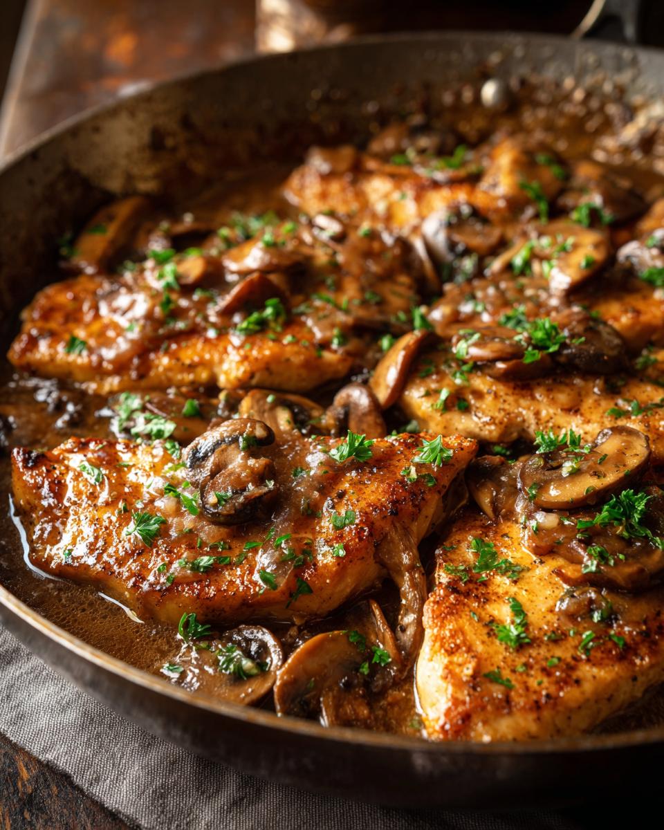 Close-up of golden-brown Chicken Marsala cooked in a skillet with sliced mushrooms and a rich sauce, garnished with parsley.
