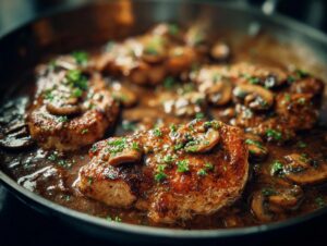 Close-up of pan-fried Chicken Marsala with sliced mushrooms and a rich sauce, garnished with parsley.