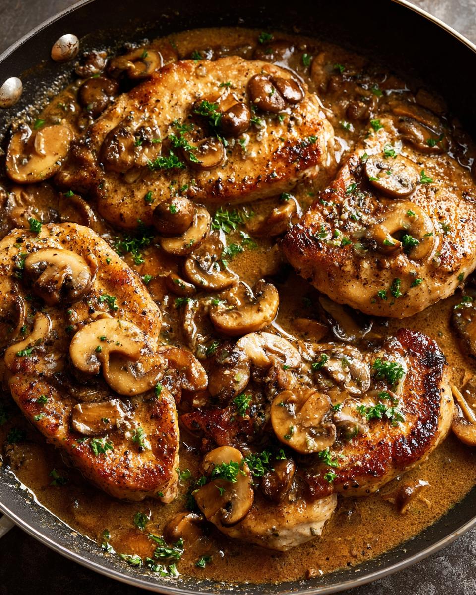 Close-up of pan-seared Chicken Marsala with mushrooms in a rich sauce, garnished with parsley.
