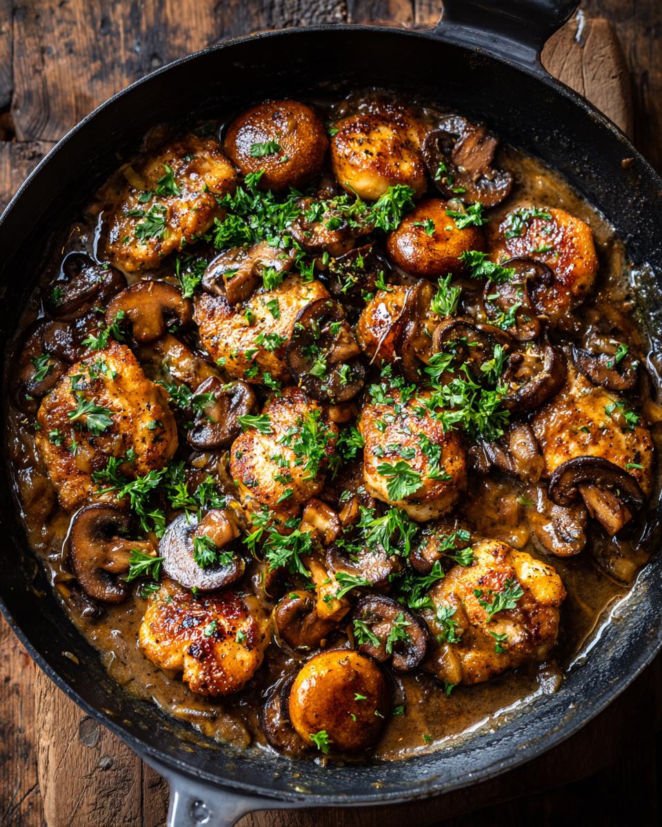 Close-up of golden Chicken Marsala pieces cooked with mushrooms in a dark, rich sauce, garnished with fresh parsley.