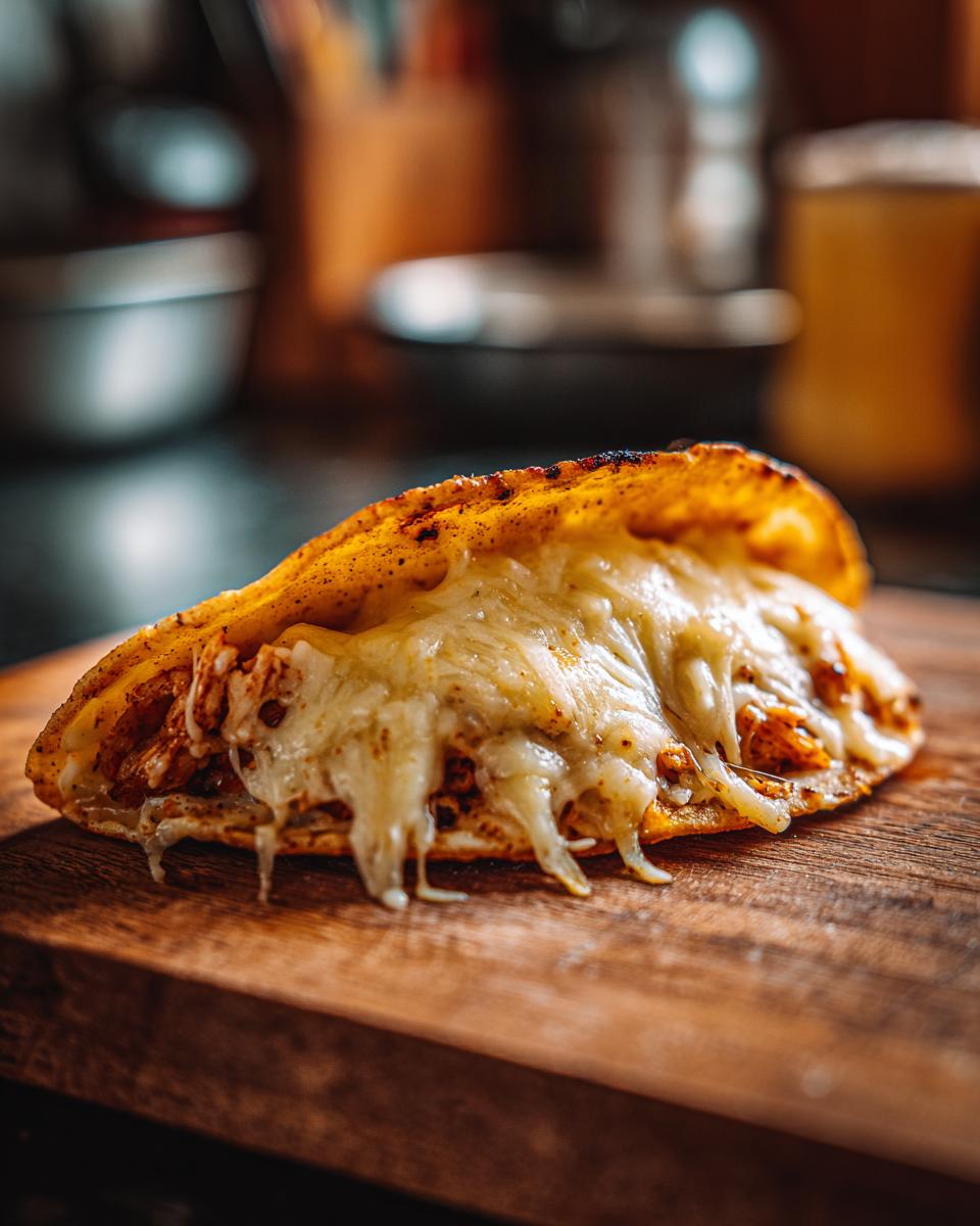 Close-up of a perfectly cooked chicken taco overflowing with melted cheese on a wooden board.