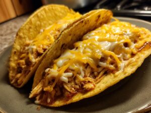 Close-up of two golden-brown chicken tacos filled with shredded chicken and topped with melted cheddar and white cheese.