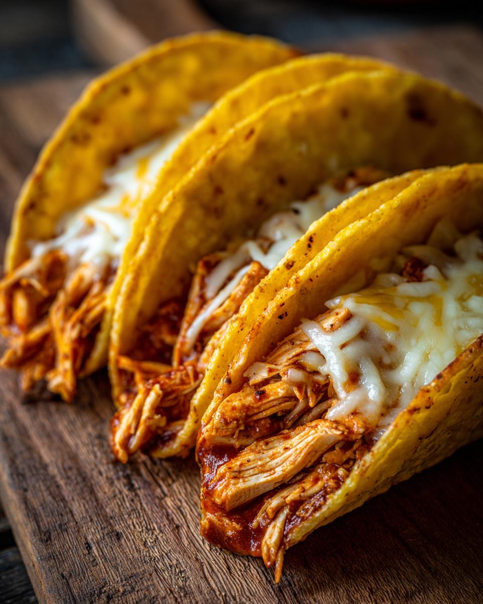 Close-up of three savory chicken tacos filled with shredded chicken and topped with melted cheese on a wooden board.