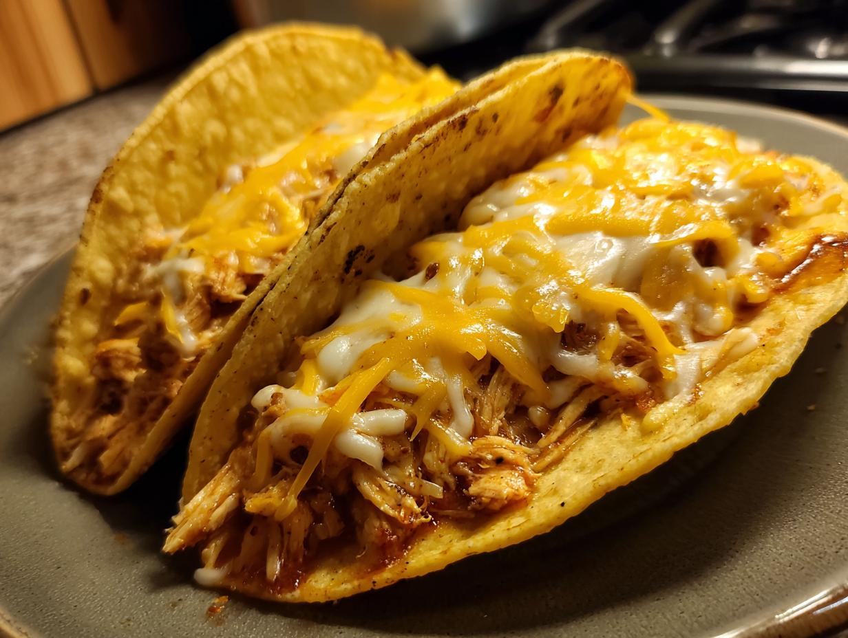 Close-up of two golden-brown chicken tacos filled with shredded chicken and topped with melted cheddar and white cheese.