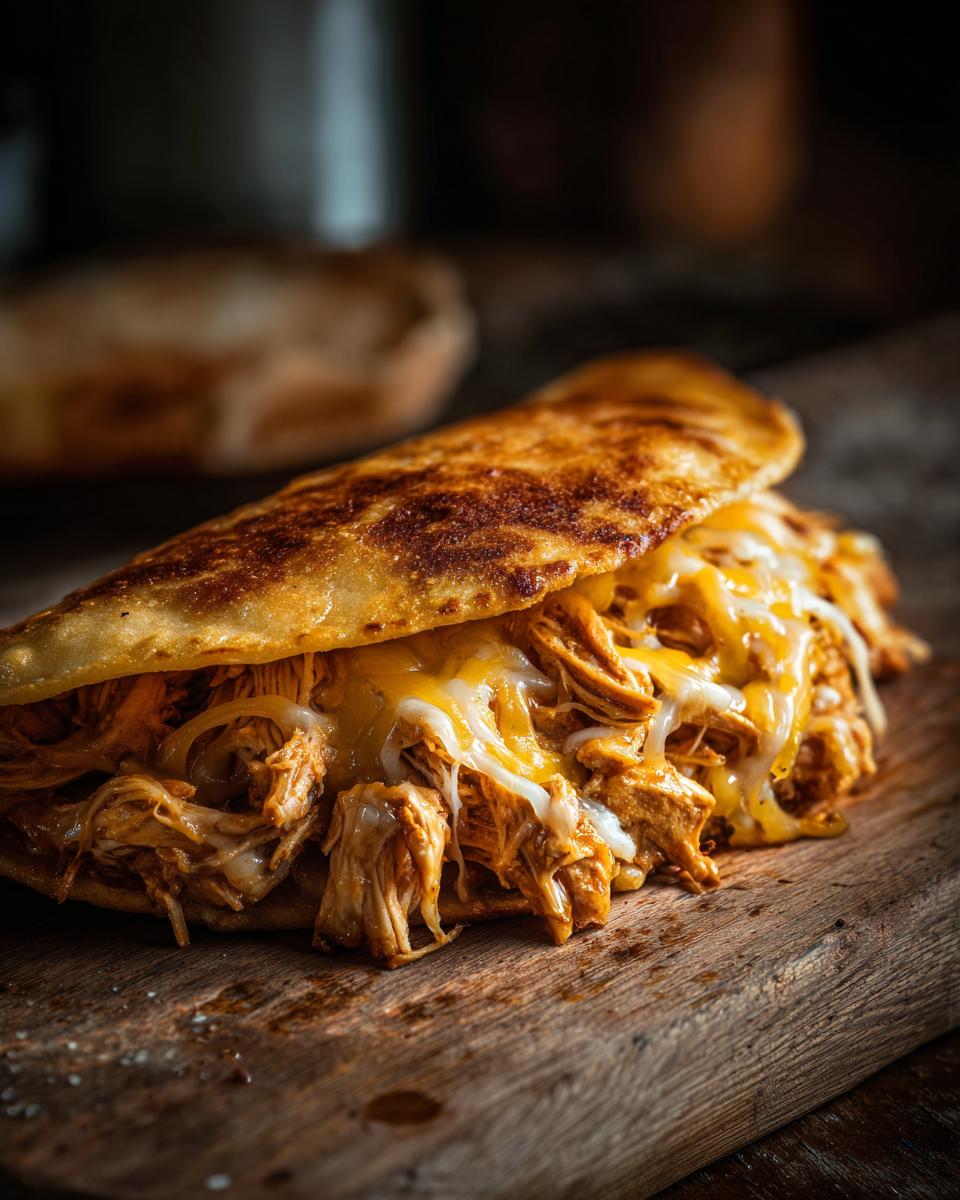 Close-up of a perfectly cooked chicken taco overflowing with shredded chicken and melted cheese on a wooden board.