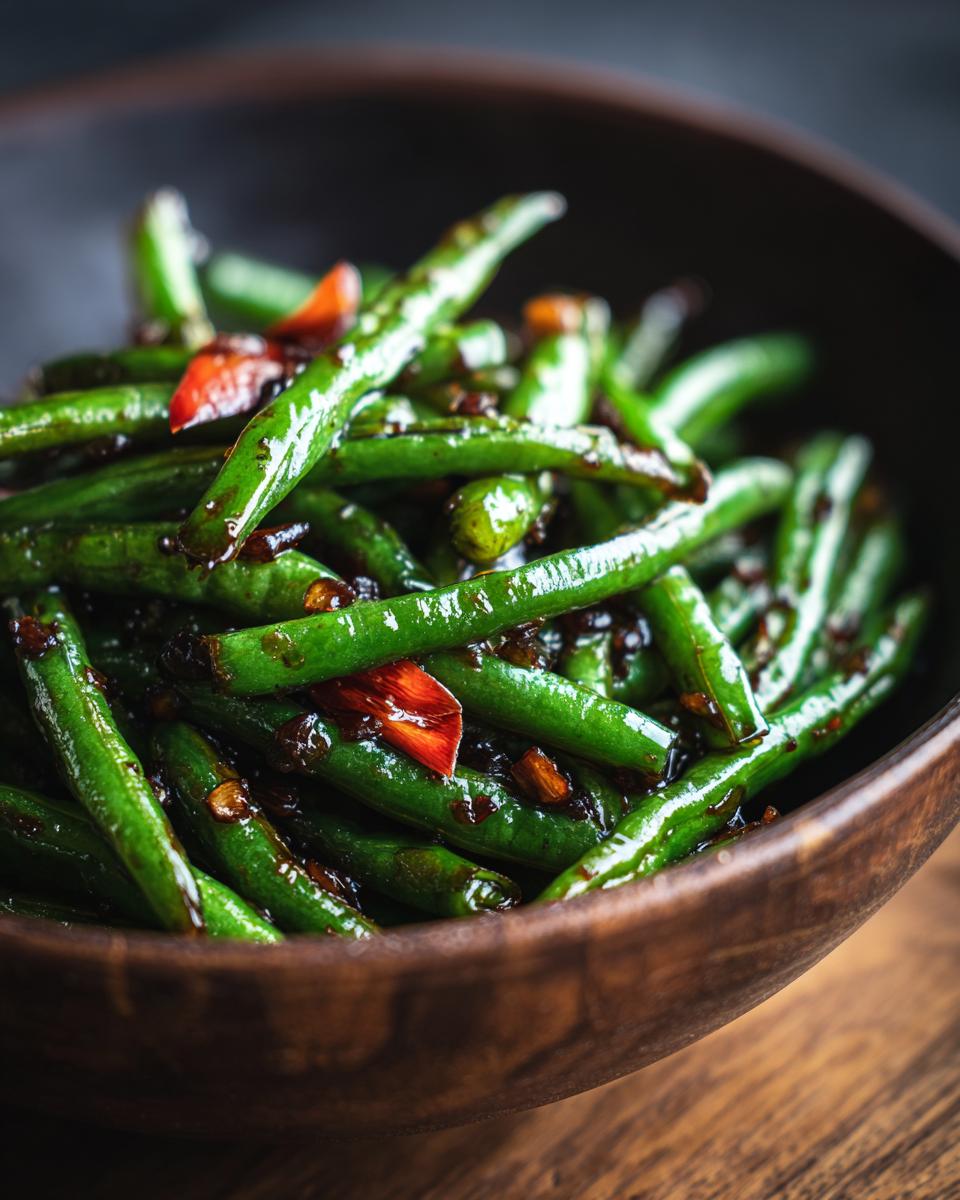 A close-up shot of vibrant Chinese green beans with garlic sauce, glistening and coated in a rich, dark sauce with red chili flakes.