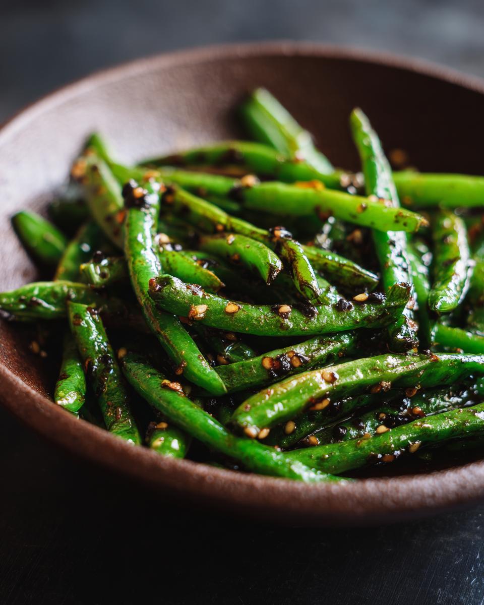 A close-up shot of vibrant Chinese green beans with garlic sauce and sesame seeds in a brown bowl.