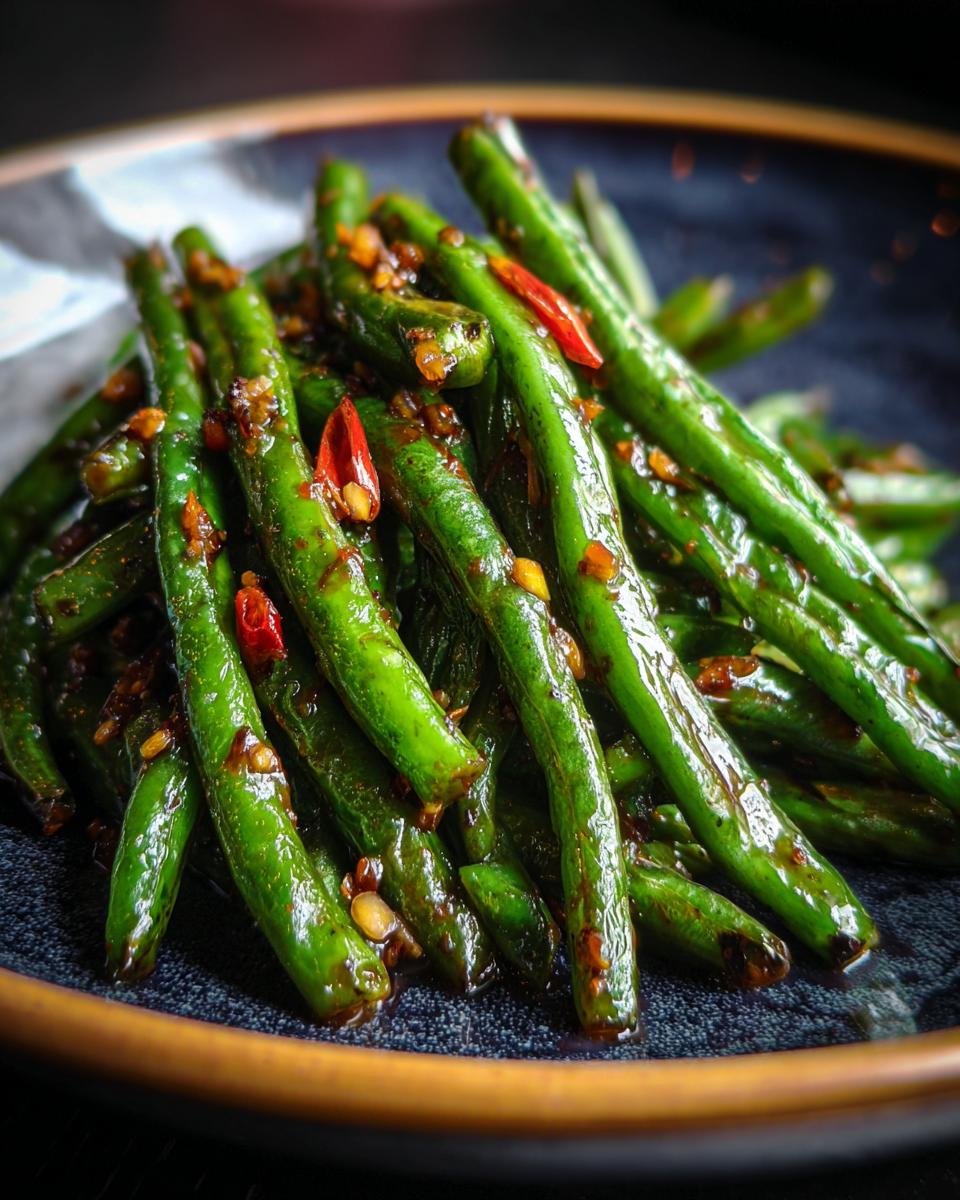 A close-up shot of vibrant Chinese green beans coated in a glistening garlic sauce with red chili flakes.