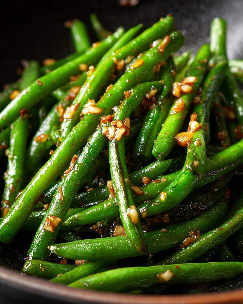 Close-up of vibrant Chinese green beans coated in a glistening garlic sauce, a delicious side dish.