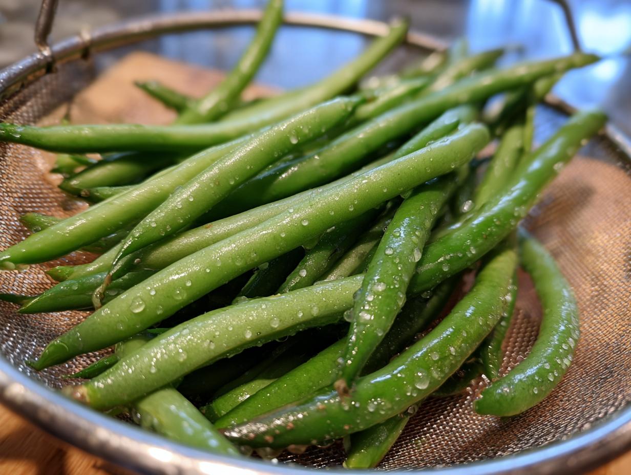 Close-up of fresh, vibrant Chinese green beans glistening with water droplets in a metal colander.