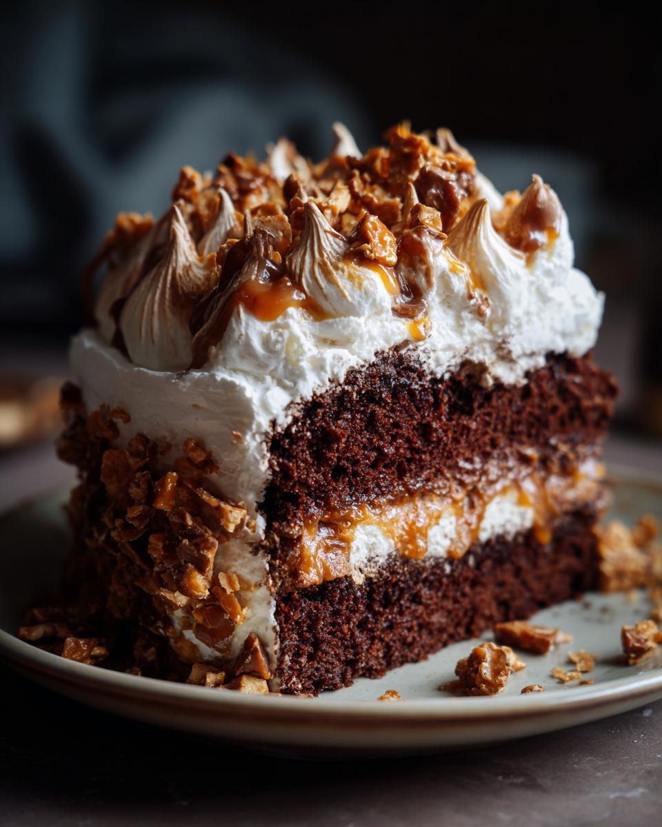 A rich slice of Chocolate Caramel Toffee Crunch Cake with layers of chocolate cake, caramel filling, and whipped cream topping.