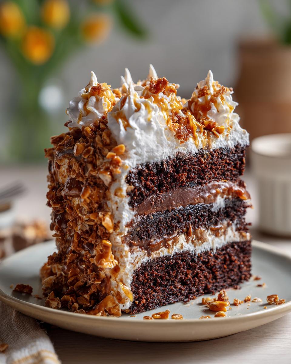 A decadent slice of chocolate caramel toffee crunch cake with layers of chocolate cake, caramel, and whipped cream.