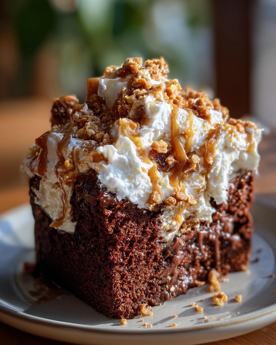 A rich slice of Chocolate Caramel Toffee Crunch Cake topped with whipped cream, caramel drizzle, and toffee pieces.