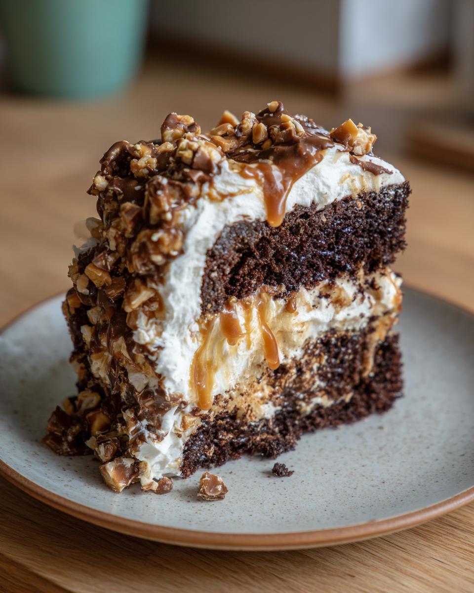 A rich slice of Chocolate Caramel Toffee Crunch Cake, layered with chocolate cake, cream, and toffee pieces, drizzled with caramel.