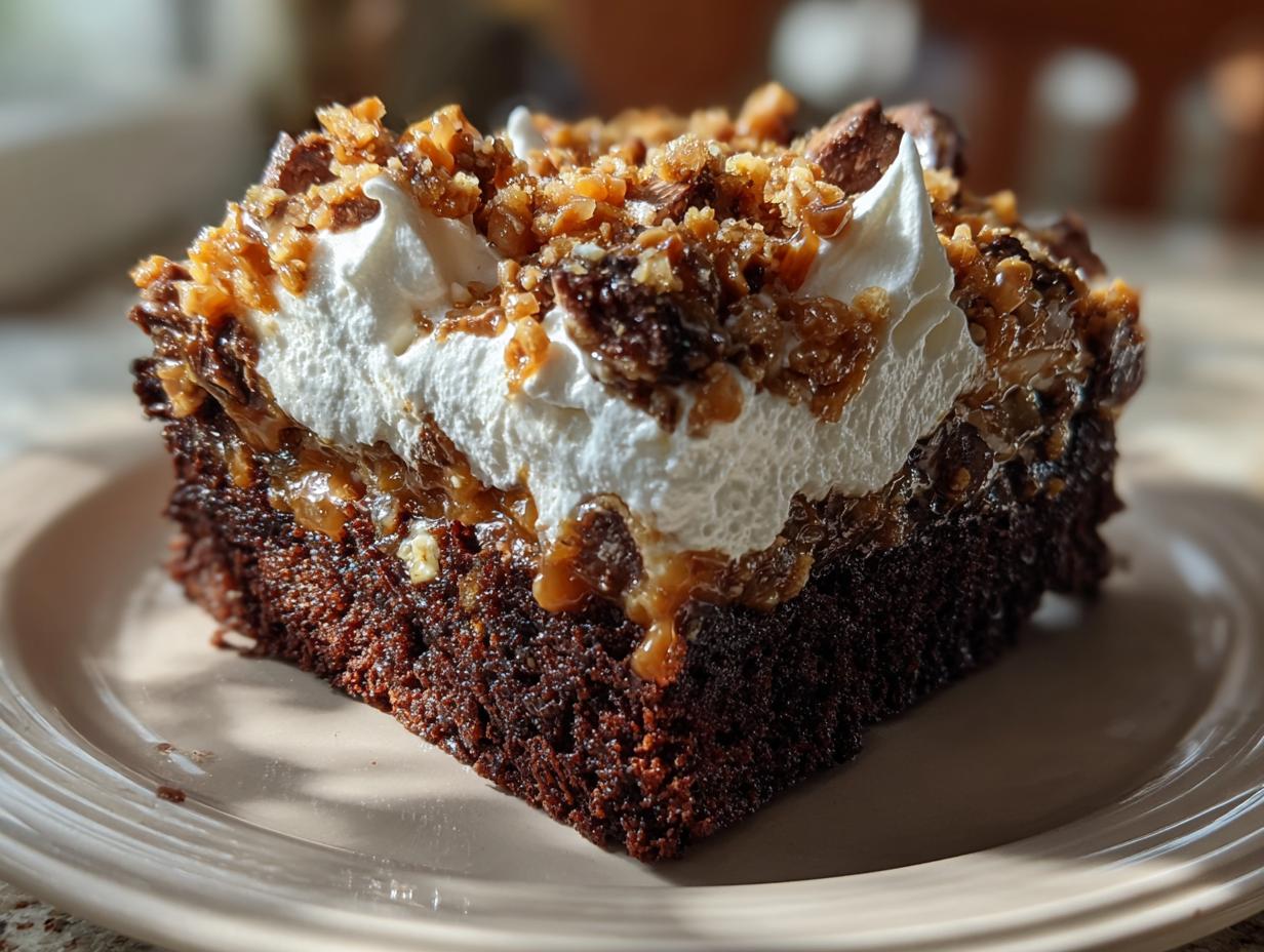 A rich slice of chocolate caramel toffee crunch cake, topped with whipped cream and crunchy toffee pieces.