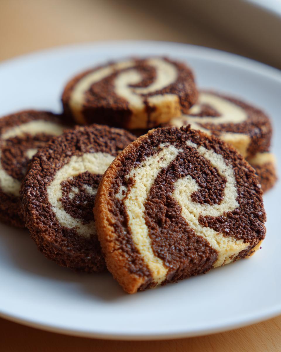 Close-up of several chocolate and vanilla swirl pinwheel cookies stacked on a white plate.