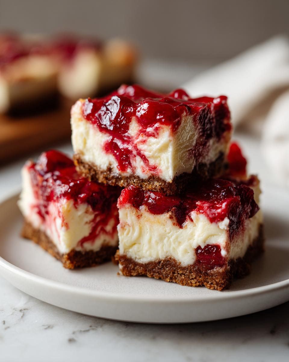 A stack of three Christmas cheesecake bars topped with a vibrant red berry swirl on a white plate.