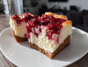 Two slices of Christmas cheesecake bars topped with bright red berry compote on a white plate.